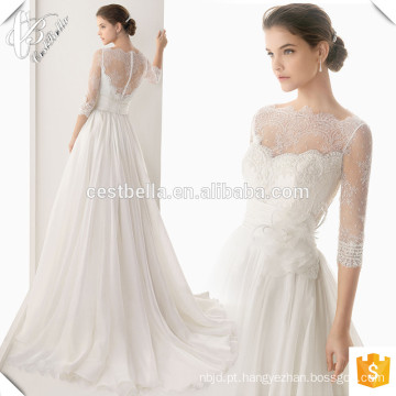 Alibaba Suzhou fábrica elegante vestidos de noiva com pérolas vestido de noiva aberto de manga comprida nupcial